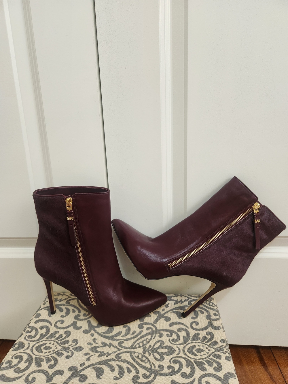 Michael Kors Wine Leather & Haircalf Stiletto Ankle Boots with Gold Zipper